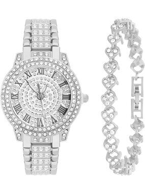 Women's Silver Analog Quartz Diamond Bracelet Set Luxury Cubic Zirconia Watch